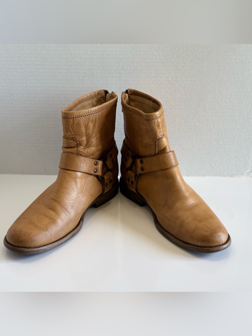 Frye Phillip Harness Short Ankle Boots Zip Moto Women's Size 8.5 B Brown Leather - Picture 10 of 16